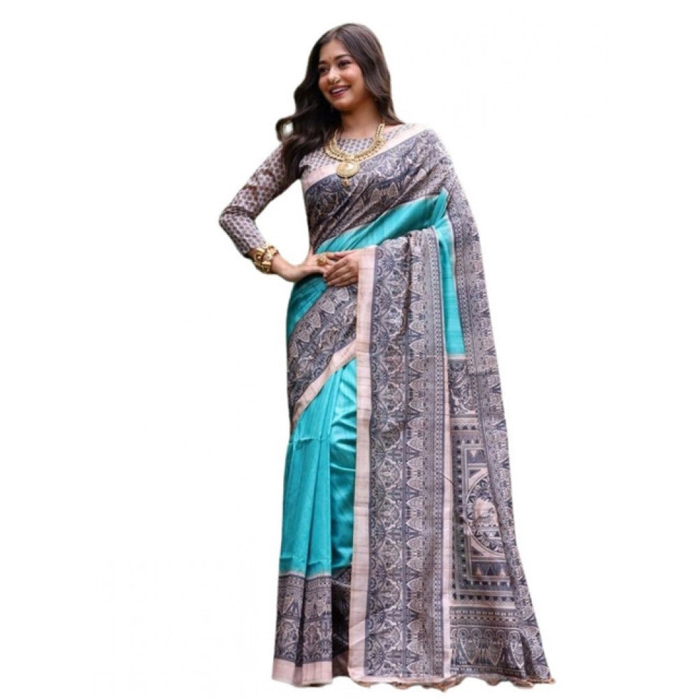 Women's Faux_Tussar Ethnic_Print Saree With Unstitched Blouse 5.5Mtr (Aqua_Blue)