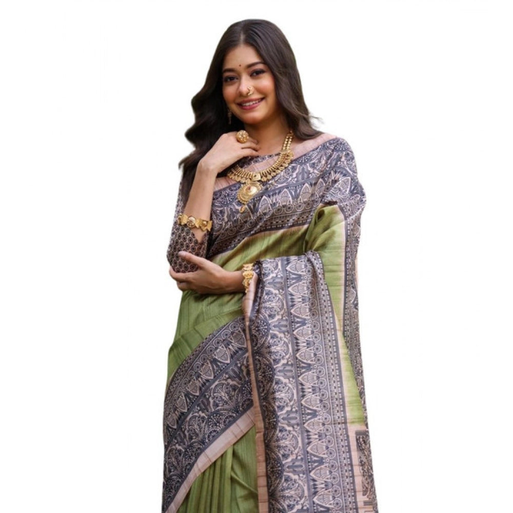 Women's Faux_Tussar Ethnic_Print Saree With Unstitched Blouse 5.5Mtr (Olive)