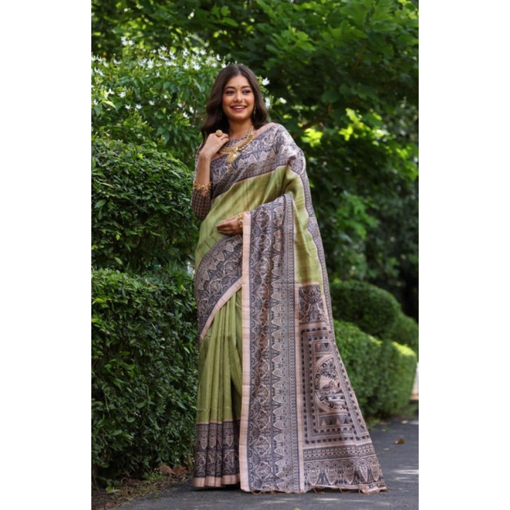 Women's Faux_Tussar Ethnic_Print Saree With Unstitched Blouse 5.5Mtr (Olive)