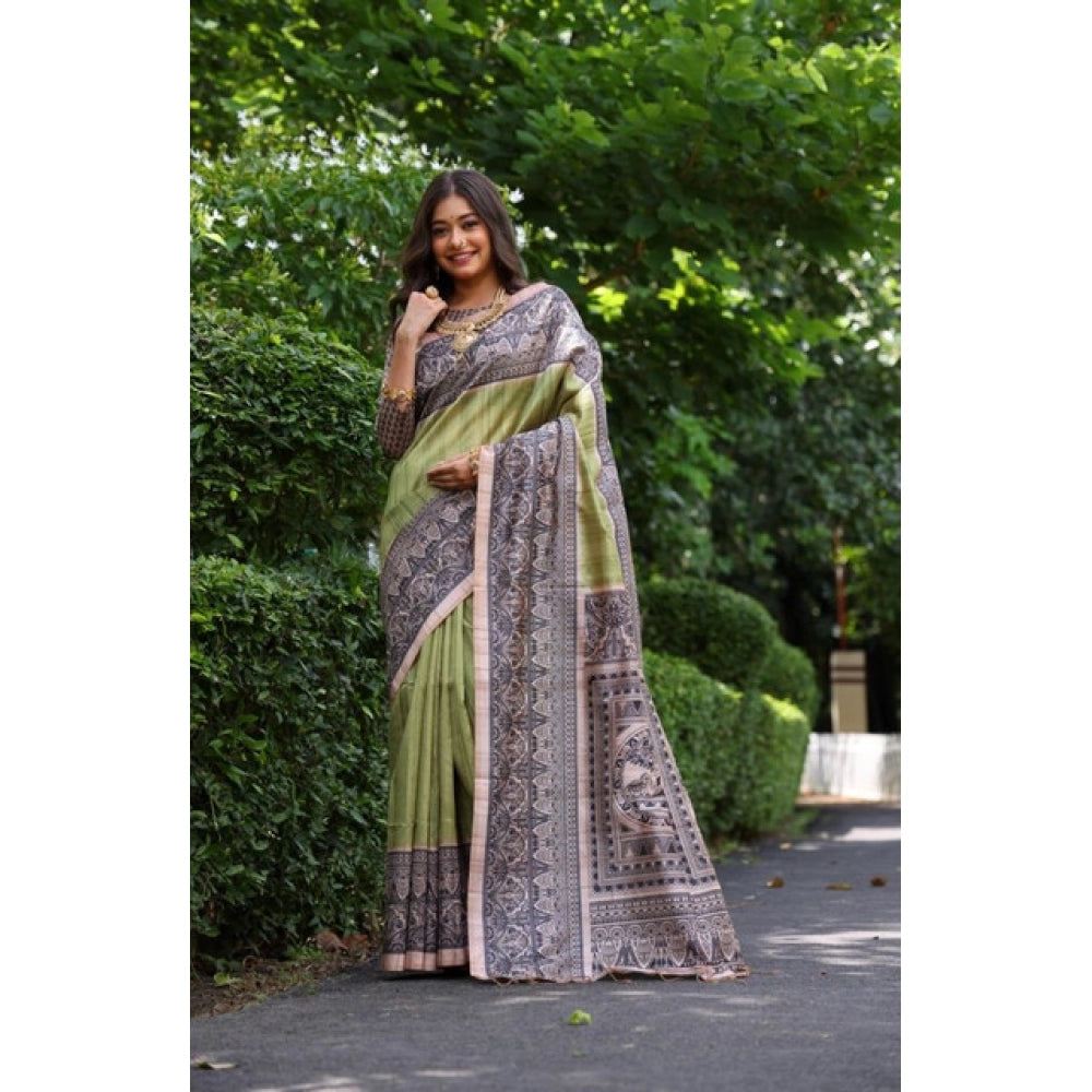 Women's Faux_Tussar Ethnic_Print Saree With Unstitched Blouse 5.5Mtr (Olive)