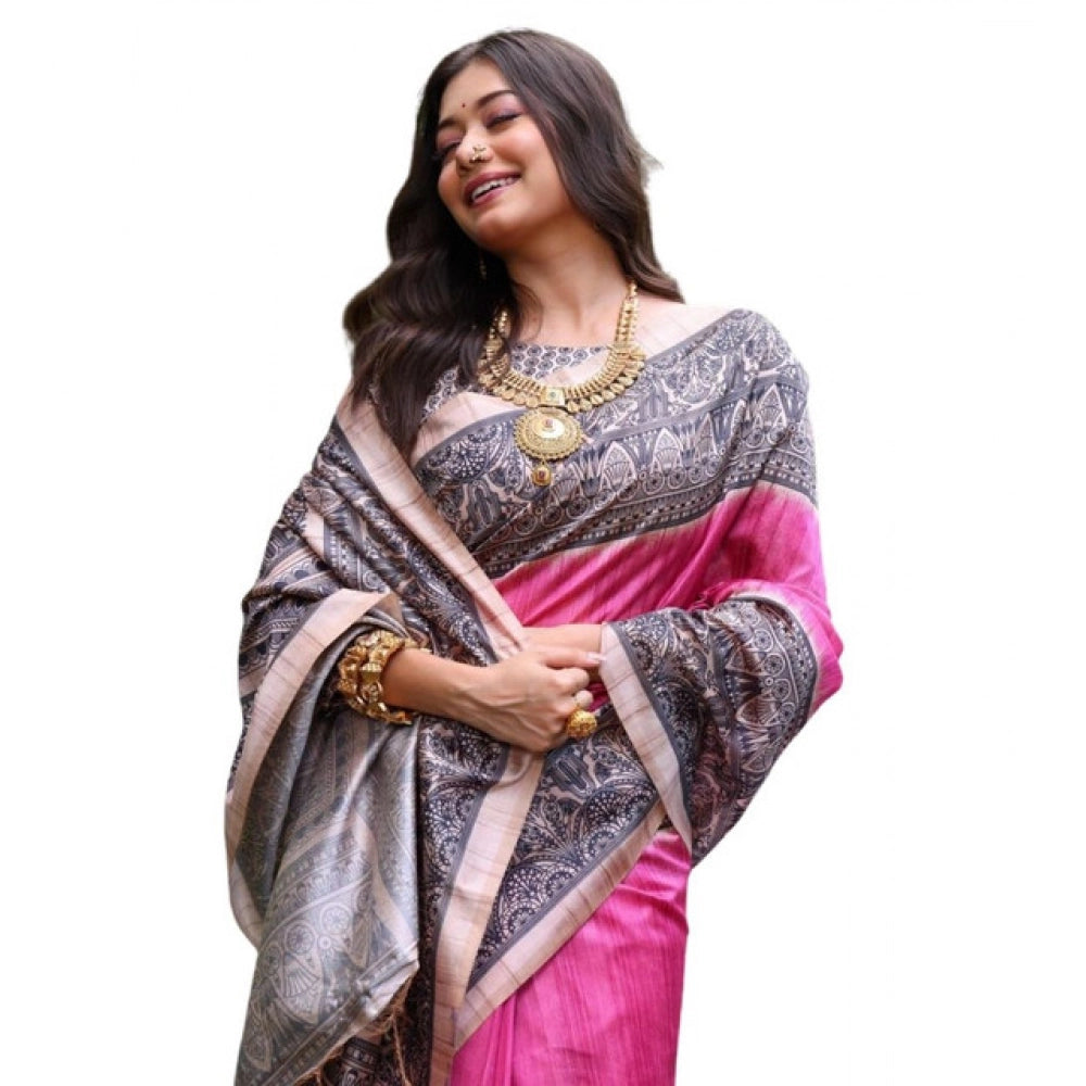 Women's Faux_Tussar Ethnic_Print Saree With Unstitched Blouse 5.5Mtr (Pink)