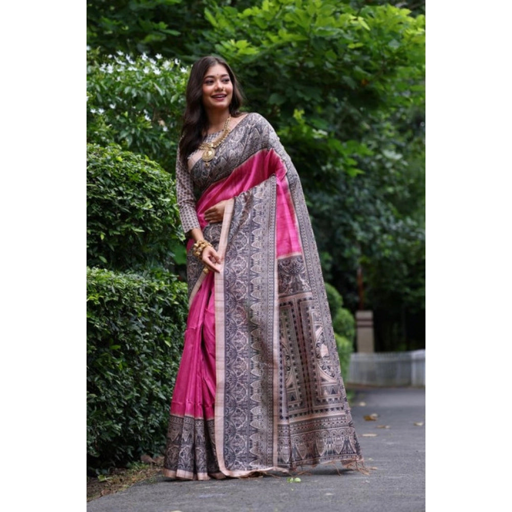 Women's Faux_Tussar Ethnic_Print Saree With Unstitched Blouse 5.5Mtr (Pink)