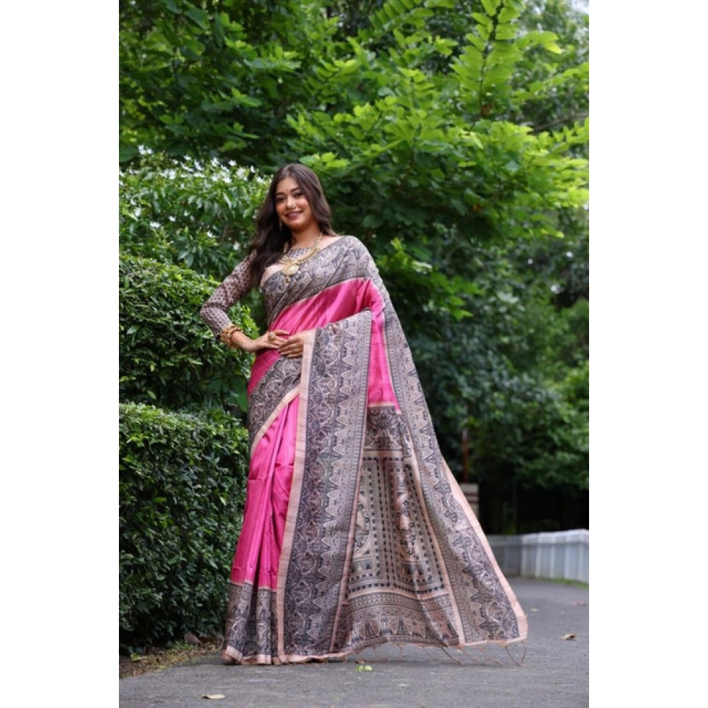 Women's Faux_Tussar Ethnic_Print Saree With Unstitched Blouse 5.5Mtr (Pink)