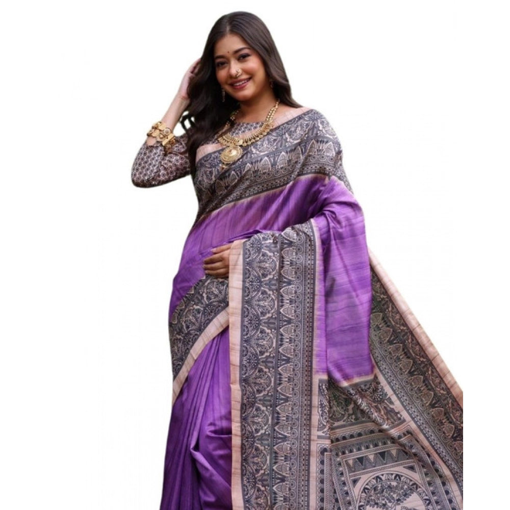 Women's Faux_Tussar Ethnic_Print Saree With Unstitched Blouse 5.5Mtr (Purple)