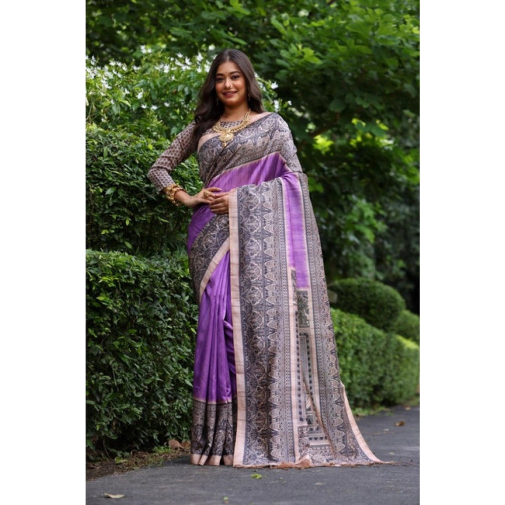 Women's Faux_Tussar Ethnic_Print Saree With Unstitched Blouse 5.5Mtr (Purple)