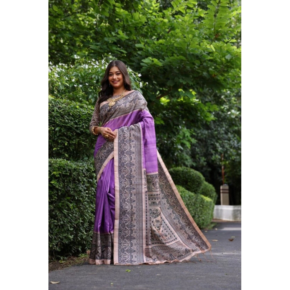 Women's Faux_Tussar Ethnic_Print Saree With Unstitched Blouse 5.5Mtr (Purple)