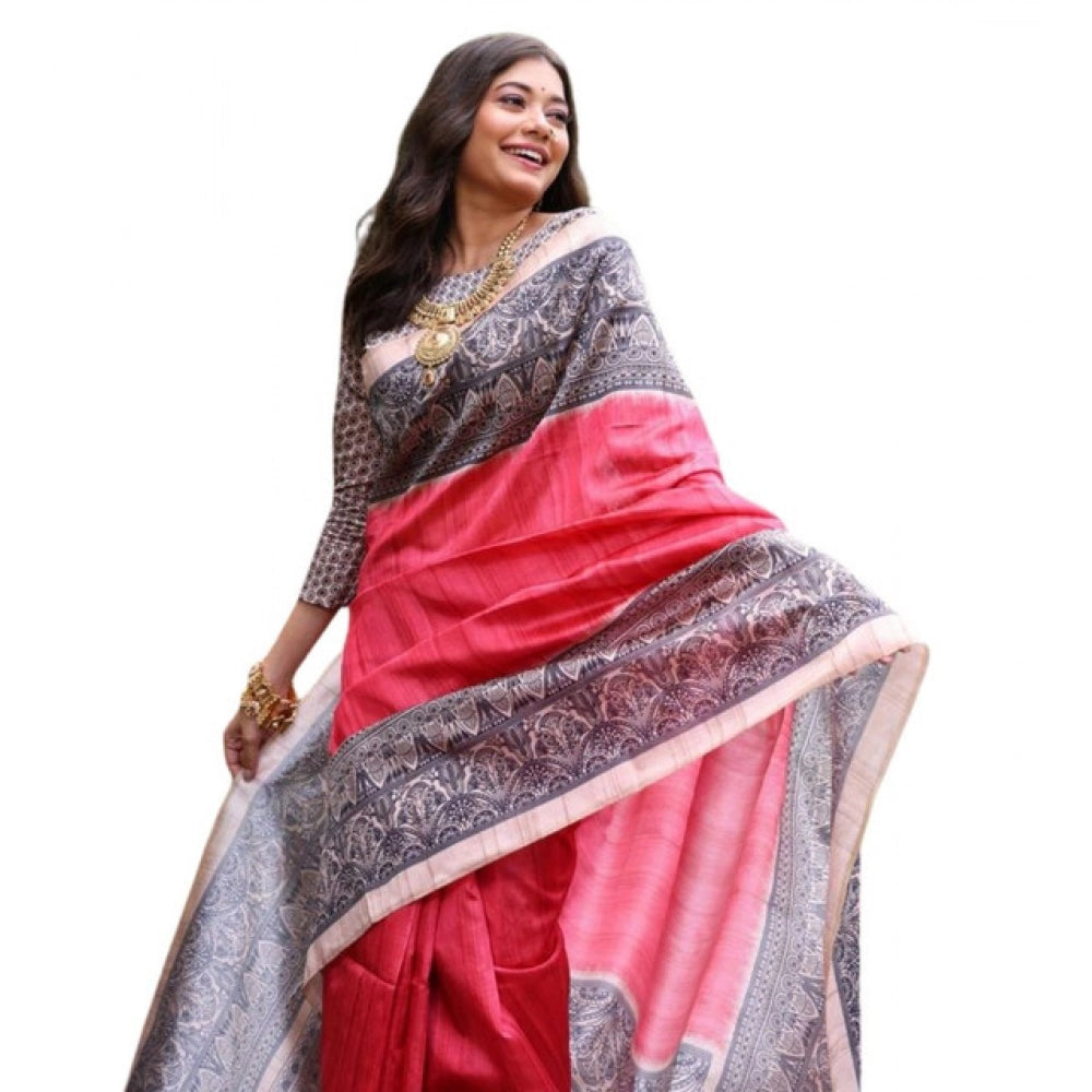 Women's Faux_Tussar Ethnic_Print Saree With Unstitched Blouse 5.5Mtr (Red)