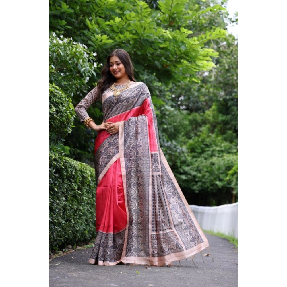 Women's Faux_Tussar Ethnic_Print Saree With Unstitched Blouse 5.5Mtr (Red)