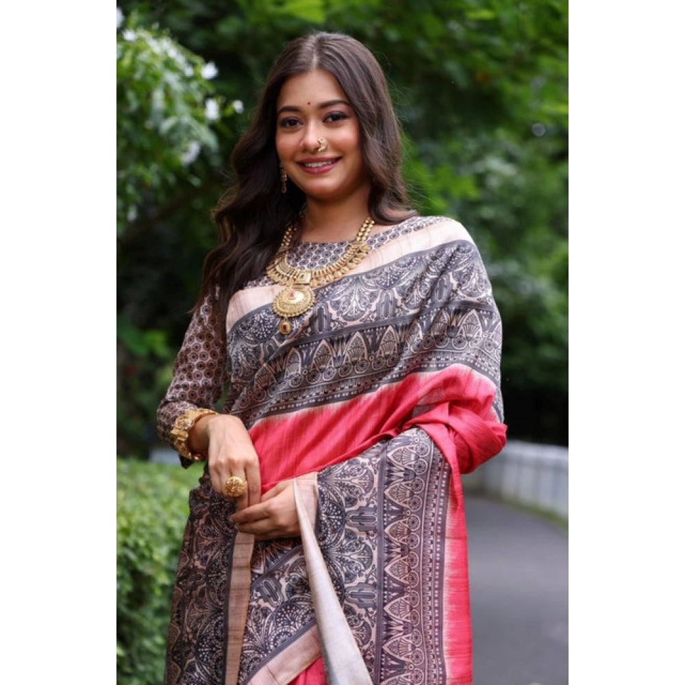 Women's Faux_Tussar Ethnic_Print Saree With Unstitched Blouse 5.5Mtr (Red)