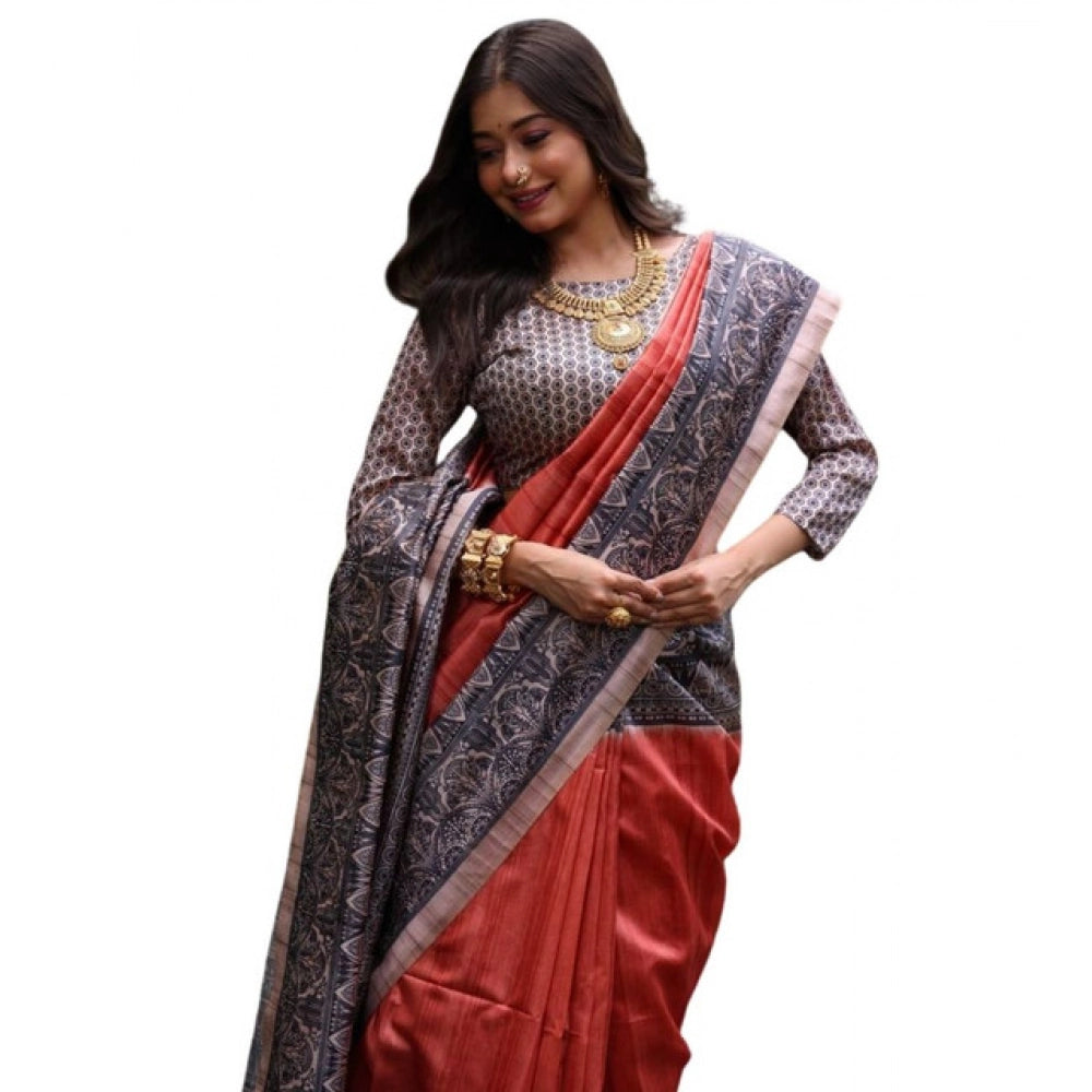 Women's Faux_Tussar Ethnic_Print Saree With Unstitched Blouse 5.5Mtr (Rust)