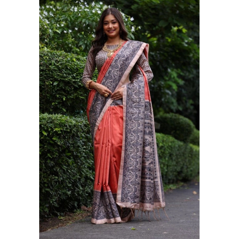 Women's Faux_Tussar Ethnic_Print Saree With Unstitched Blouse 5.5Mtr (Rust)