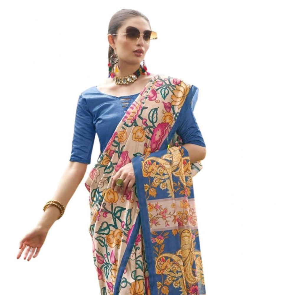 Women's Faux_Tussar Kalamkari_Print Saree With Unstitched Blouse 5.5Mtr (Blue)