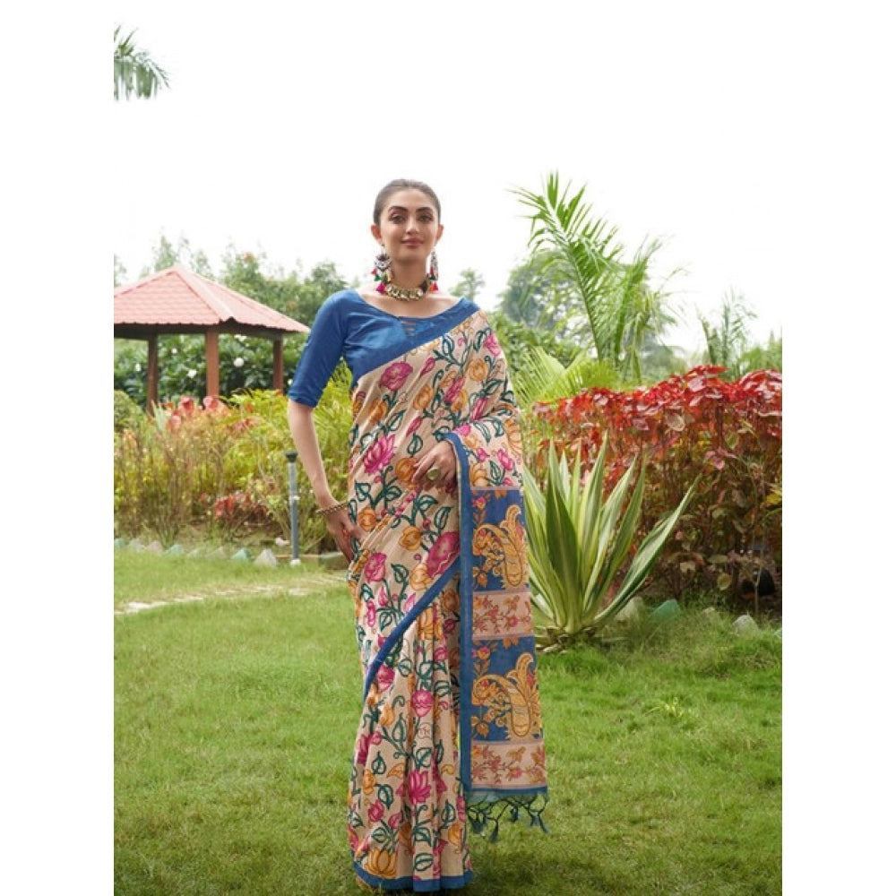 Women's Faux_Tussar Kalamkari_Print Saree With Unstitched Blouse 5.5Mtr (Blue)
