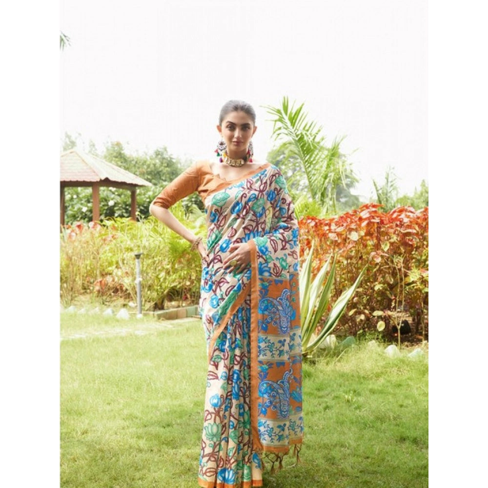 Women's Faux_Tussar Kalamkari_Print Saree With Unstitched Blouse 5.5Mtr (Brown)