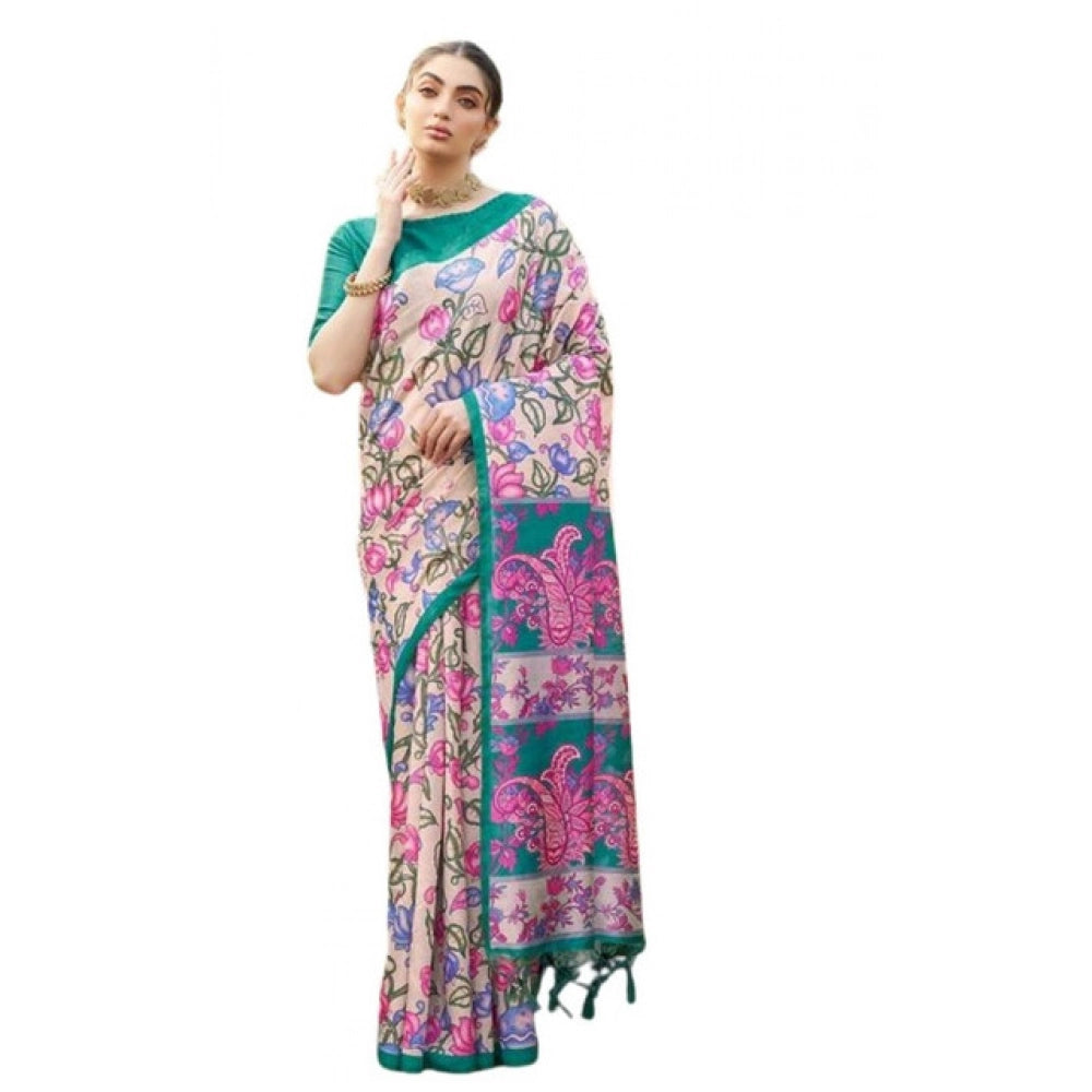 Women's Faux_Tussar Kalamkari_Print Saree With Unstitched Blouse 5.5Mtr (Green)