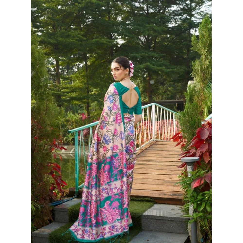 Women's Faux_Tussar Kalamkari_Print Saree With Unstitched Blouse 5.5Mtr (Green)