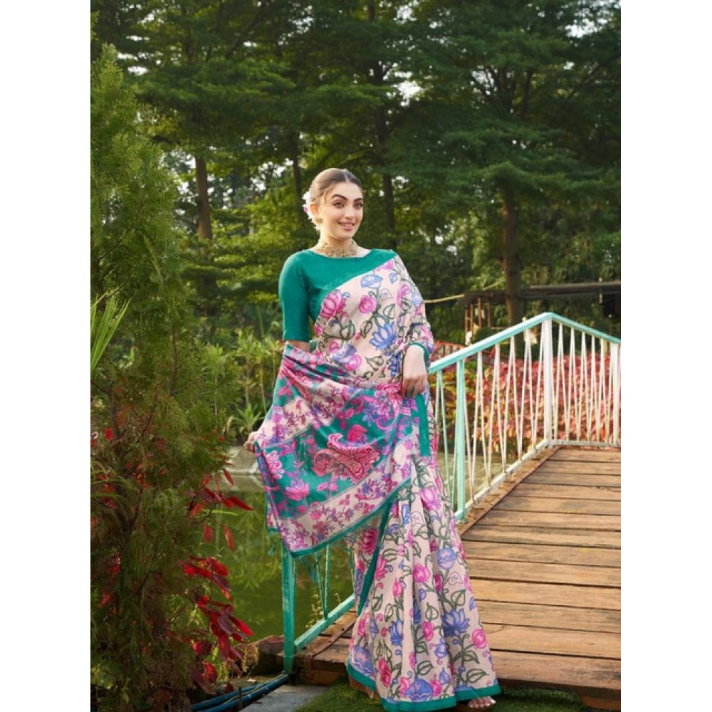 Women's Faux_Tussar Kalamkari_Print Saree With Unstitched Blouse 5.5Mtr (Green)
