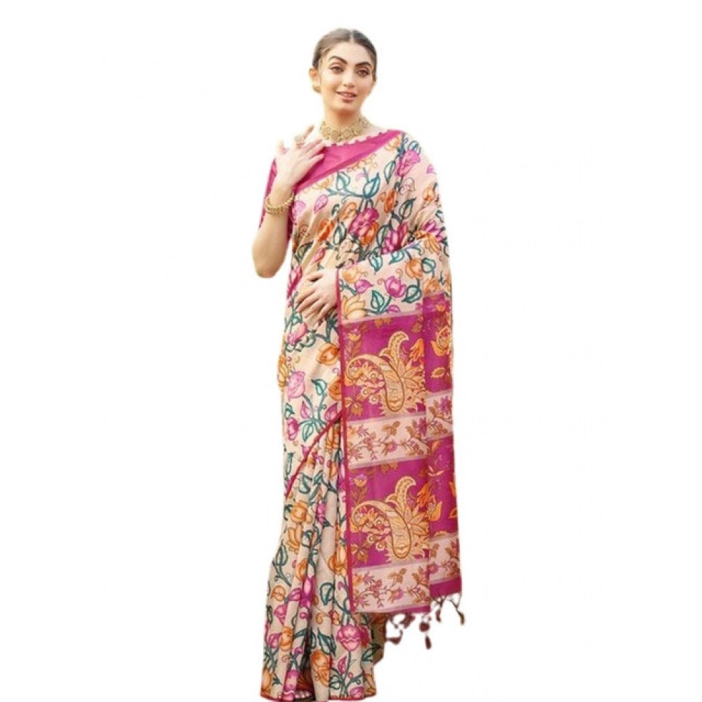 Women's Faux_Tussar Kalamkari_Print Saree With Unstitched Blouse 5.5Mtr (Pink)