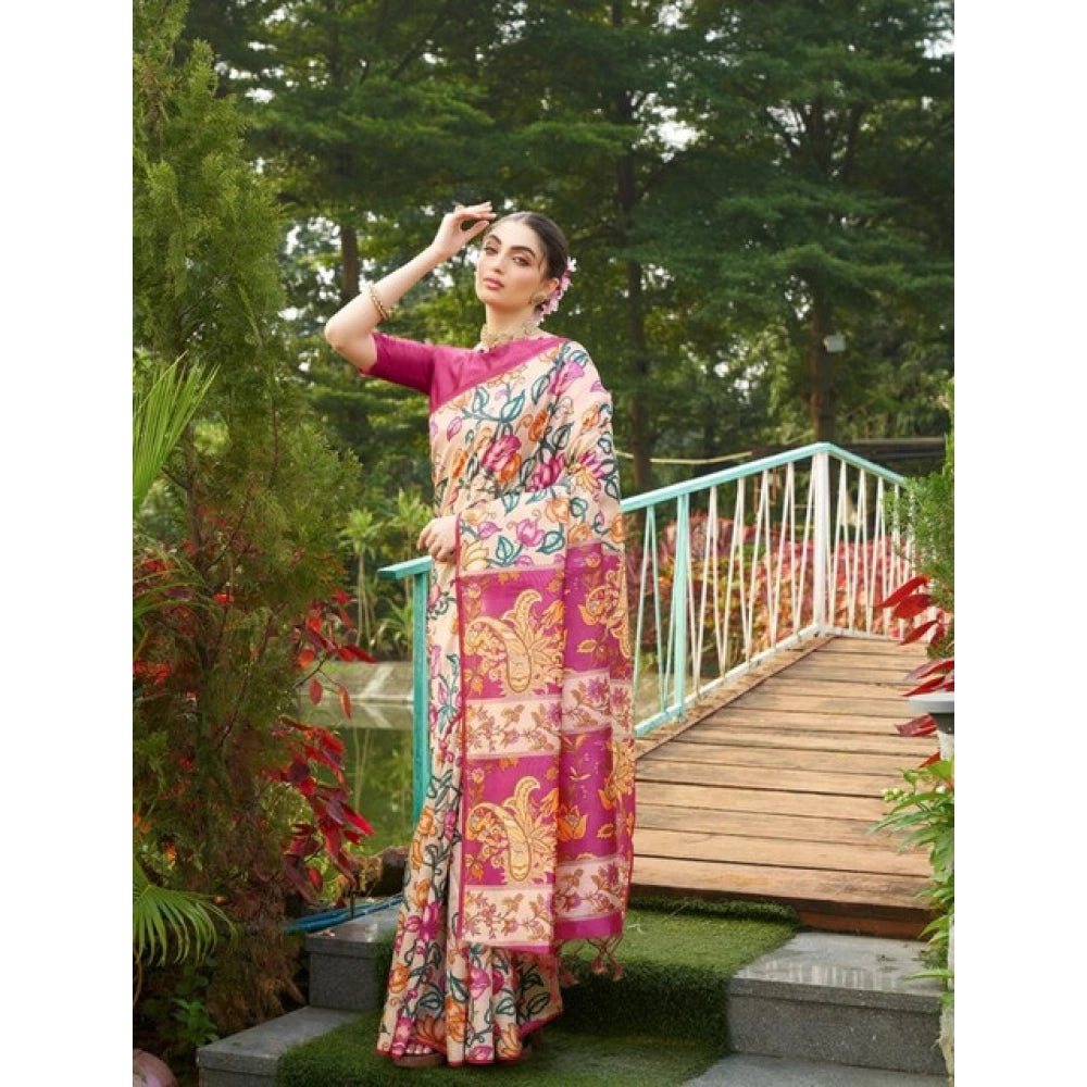 Women's Faux_Tussar Kalamkari_Print Saree With Unstitched Blouse 5.5Mtr (Pink)