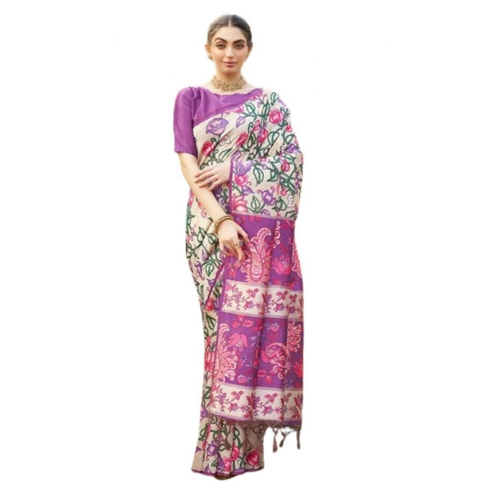 Women's Faux_Tussar Kalamkari_Print Saree With Unstitched Blouse 5.5Mtr (Purple)