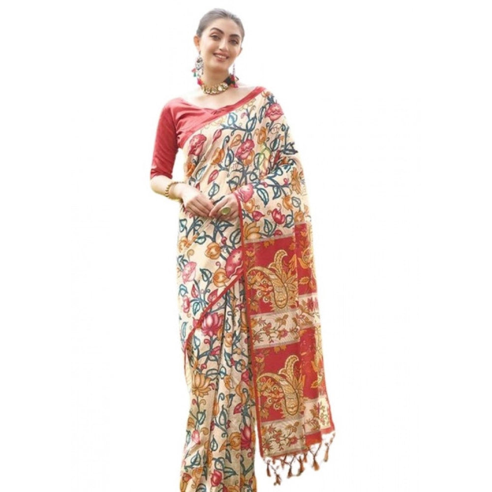 Women's Faux_Tussar Kalamkari_Print Saree With Unstitched Blouse 5.5Mtr (Red)