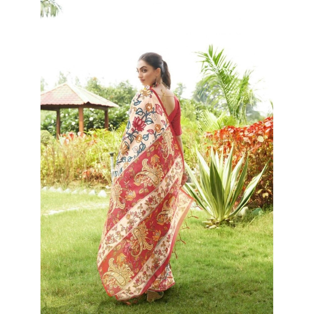 Women's Faux_Tussar Kalamkari_Print Saree With Unstitched Blouse 5.5Mtr (Red)