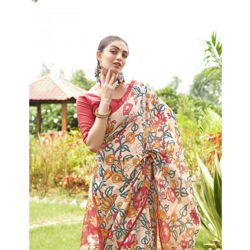 Women's Faux_Tussar Kalamkari_Print Saree With Unstitched Blouse 5.5Mtr (Red)