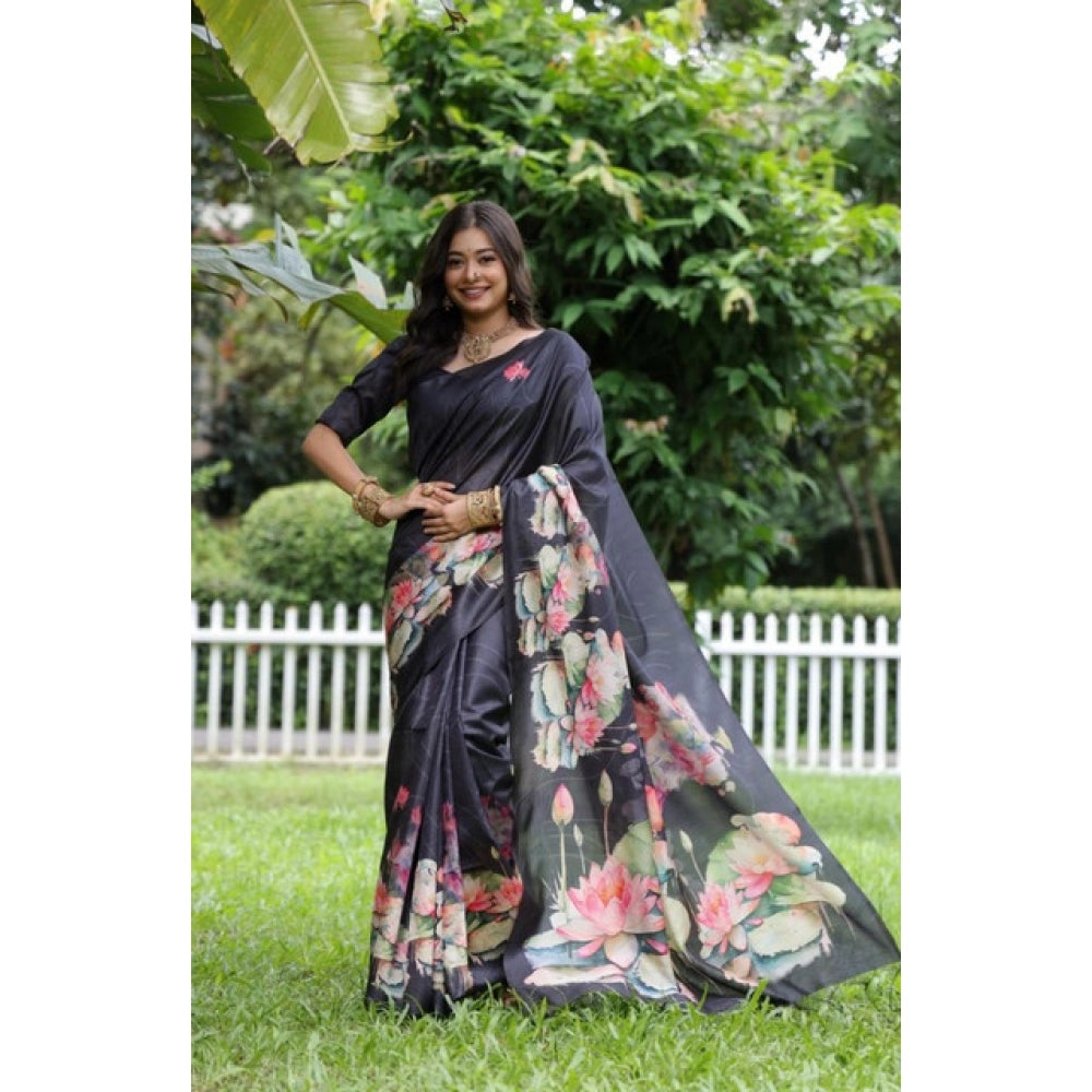 Women's Faux_Tussar Floral Saree With Unstitched Blouse 5.5Mtr (Black)