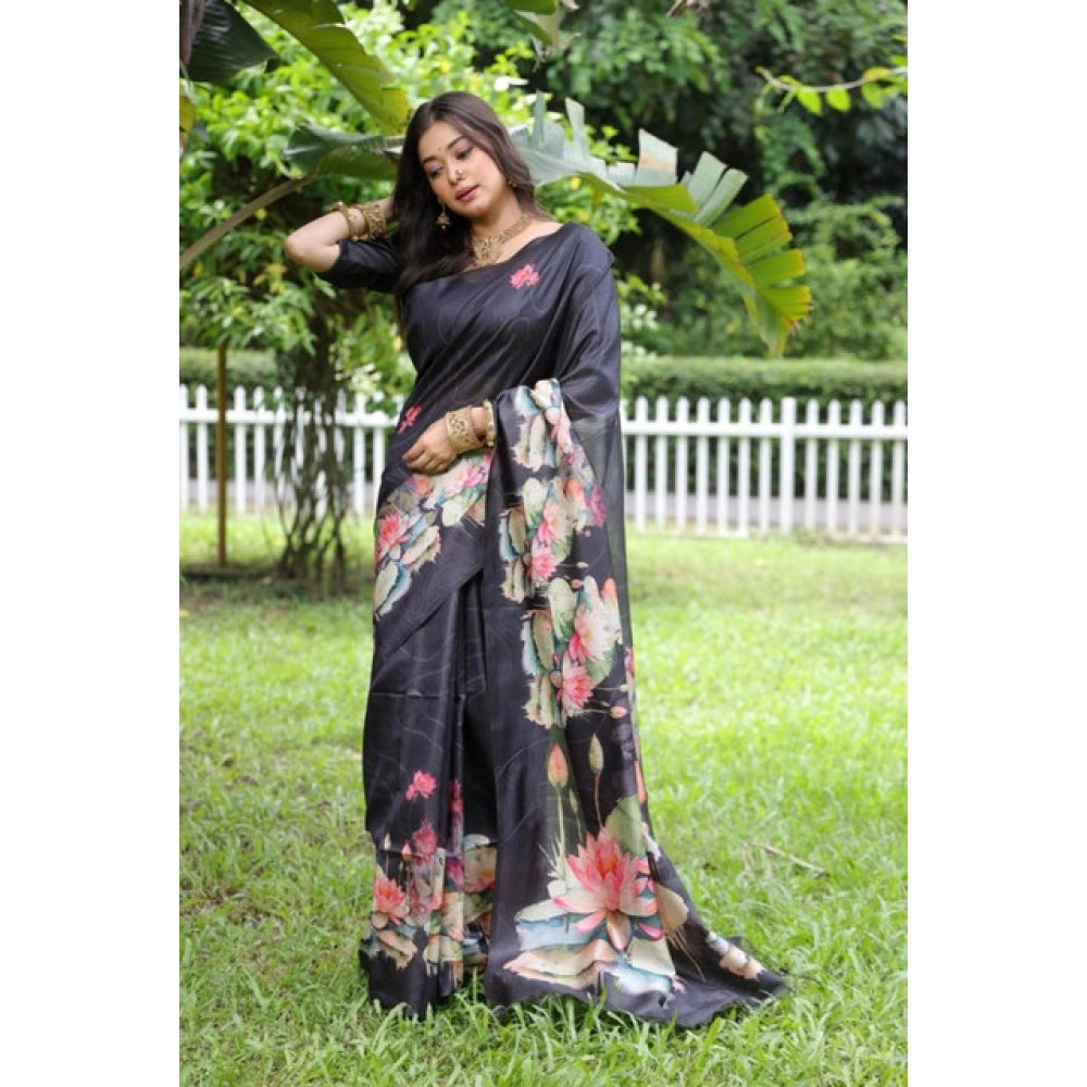 Women's Faux_Tussar Floral Saree With Unstitched Blouse 5.5Mtr (Black)