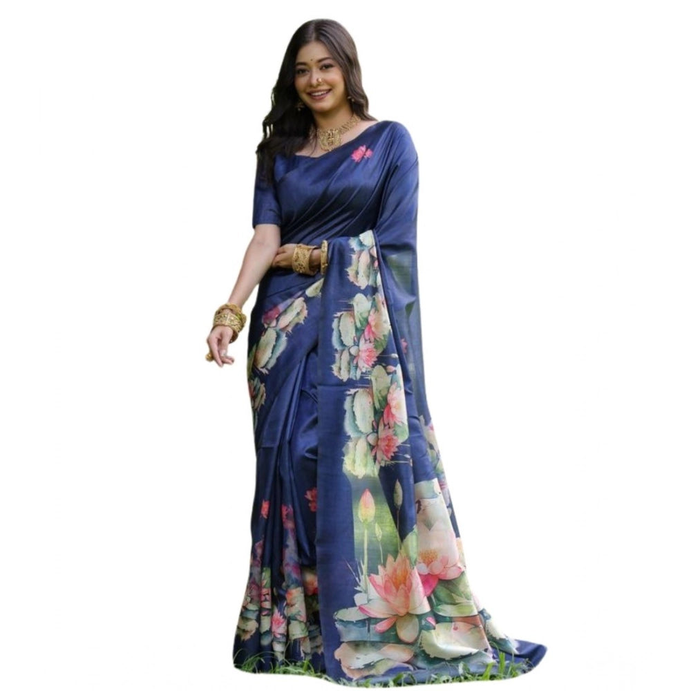 Women's Faux_Tussar Floral Saree With Unstitched Blouse 5.5Mtr (Navy_Blue)