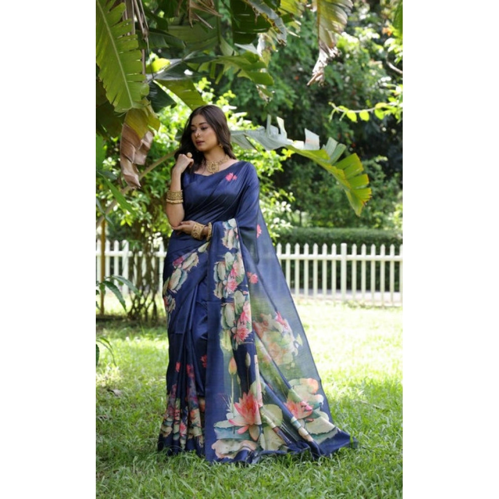 Women's Faux_Tussar Floral Saree With Unstitched Blouse 5.5Mtr (Navy_Blue)