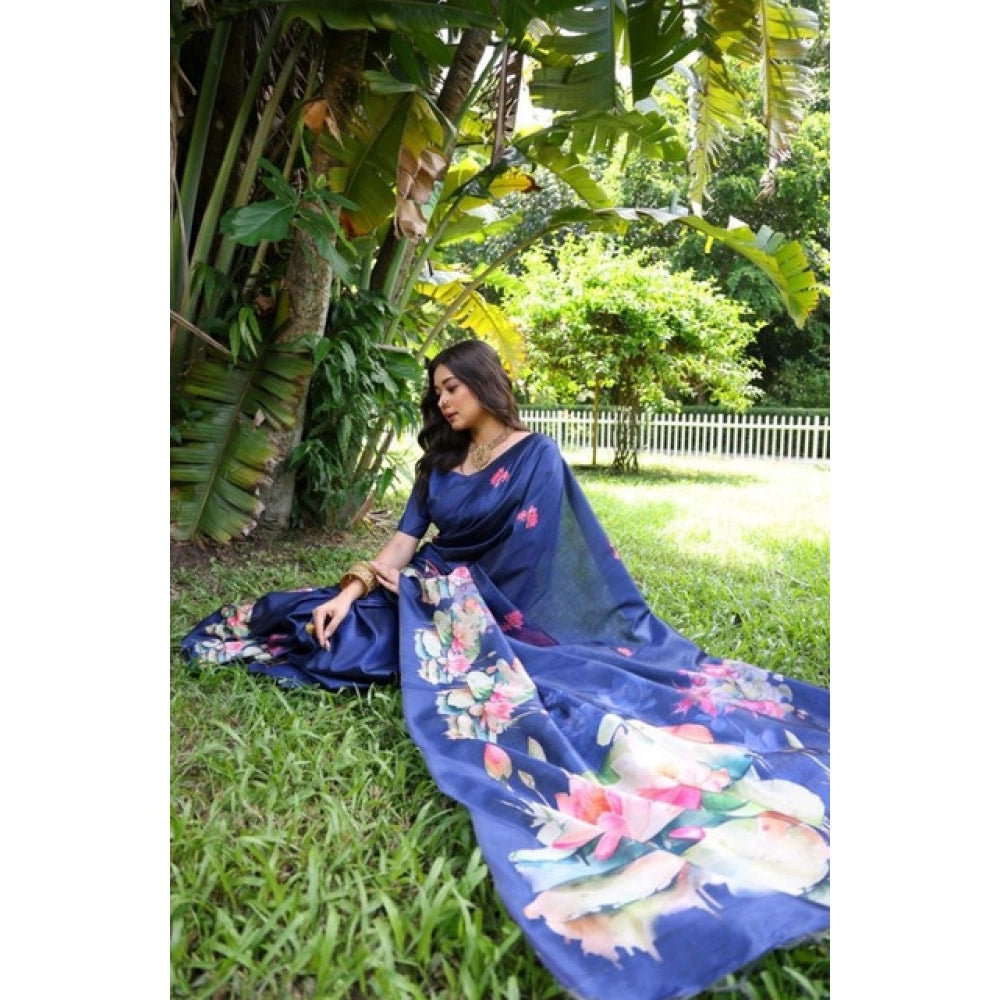 Women's Faux_Tussar Floral Saree With Unstitched Blouse 5.5Mtr (Navy_Blue)