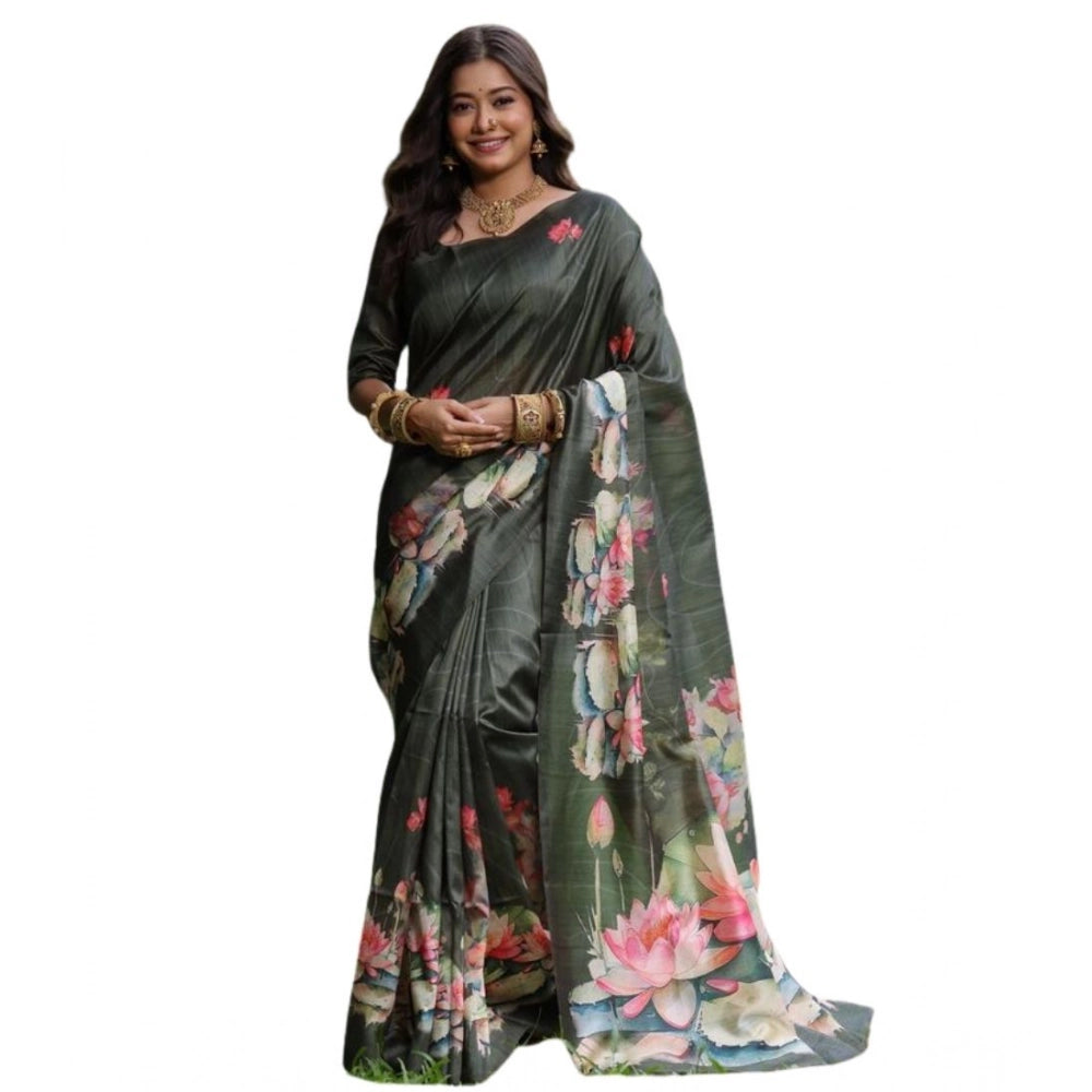 Women's Faux_Tussar Floral Saree With Unstitched Blouse 5.5Mtr (Olive)