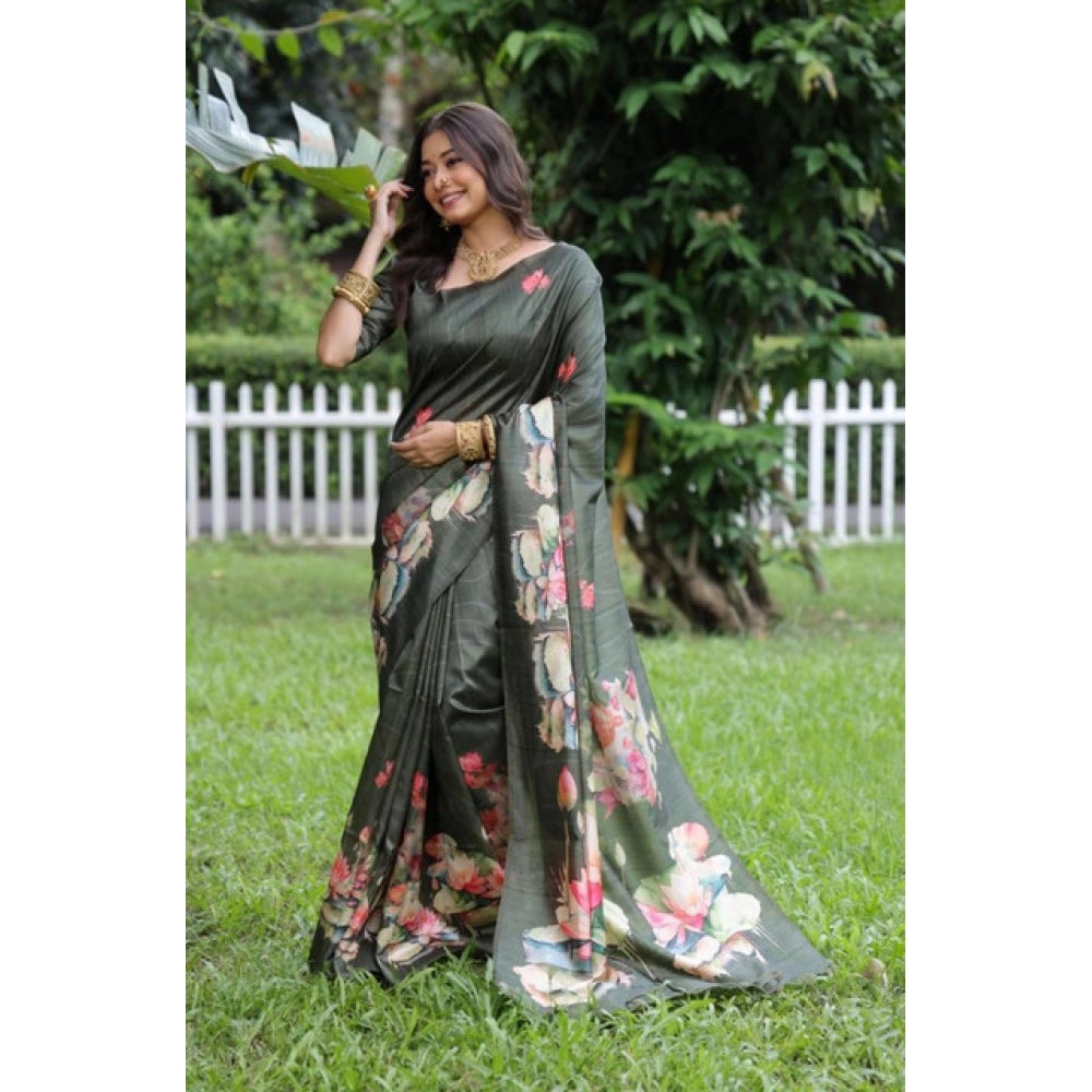Women's Faux_Tussar Floral Saree With Unstitched Blouse 5.5Mtr (Olive)