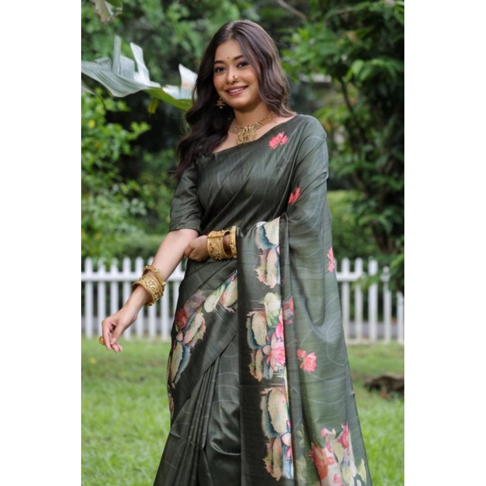 Women's Faux_Tussar Floral Saree With Unstitched Blouse 5.5Mtr (Olive)
