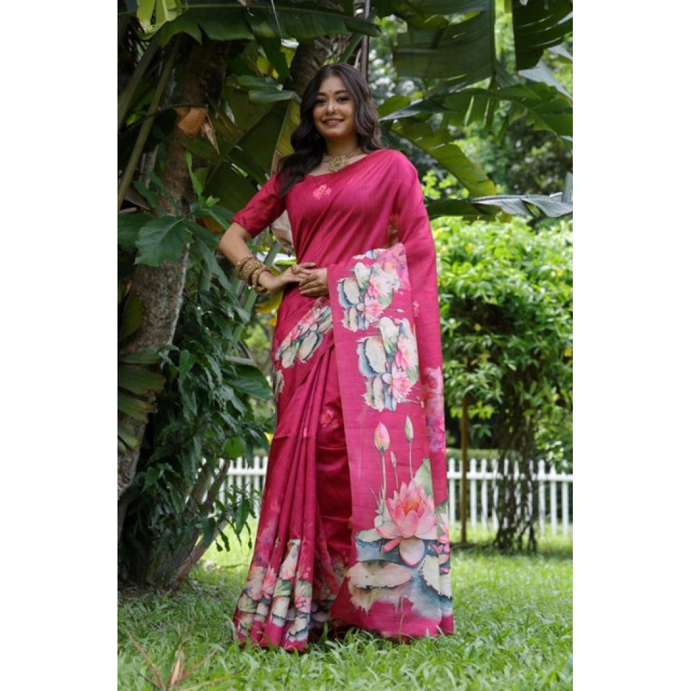 Women's Faux_Tussar Floral Saree With Unstitched Blouse 5.5Mtr (Pink)