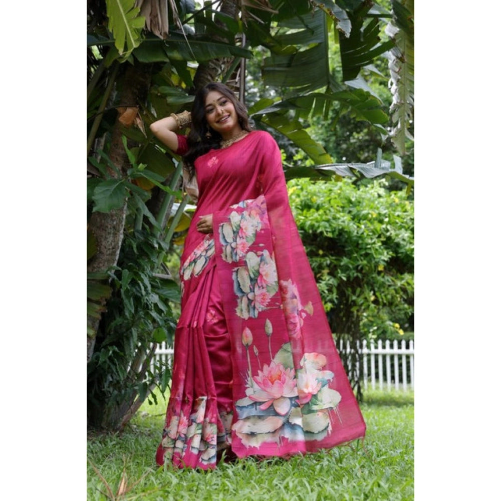 Women's Faux_Tussar Floral Saree With Unstitched Blouse 5.5Mtr (Pink)