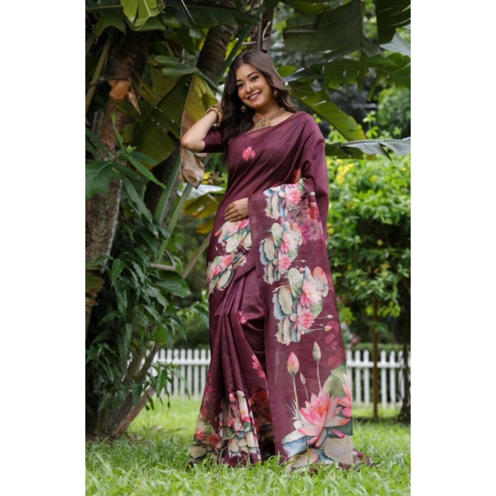 Women's Faux_Tussar Floral Saree With Unstitched Blouse 5.5Mtr (Purple)