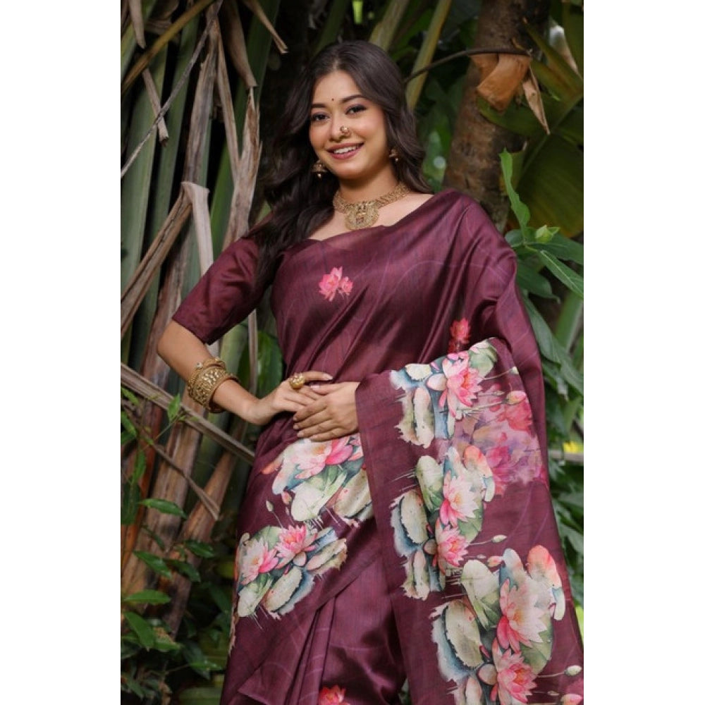 Women's Faux_Tussar Floral Saree With Unstitched Blouse 5.5Mtr (Purple)