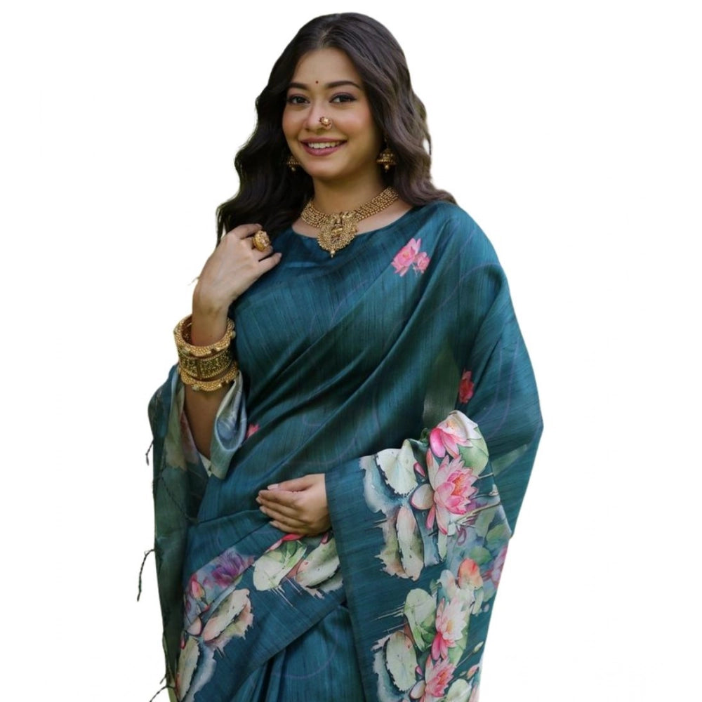 Women's Faux_Tussar Floral Saree With Unstitched Blouse 5.5Mtr (Teal)