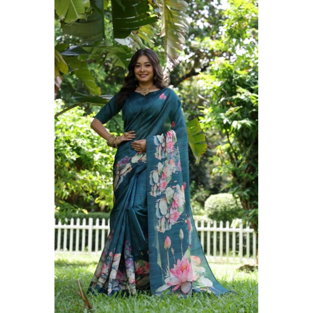 Women's Faux_Tussar Floral Saree With Unstitched Blouse 5.5Mtr (Teal)