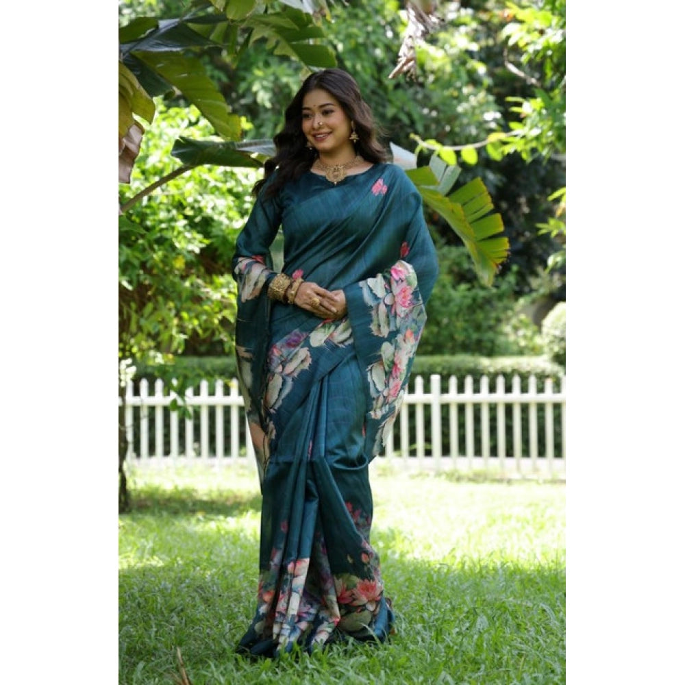 Women's Faux_Tussar Floral Saree With Unstitched Blouse 5.5Mtr (Teal)