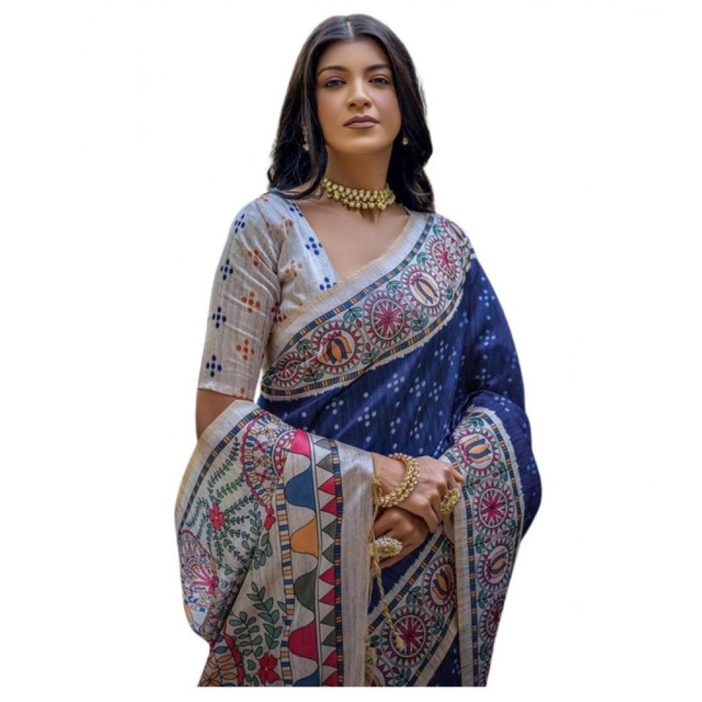Women's Faux_Tussar Geometric_Print Saree With Unstitched Blouse 5.5Mtr (Blue)