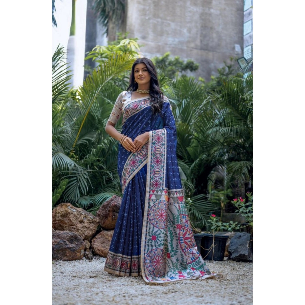 Women's Faux_Tussar Geometric_Print Saree With Unstitched Blouse 5.5Mtr (Blue)