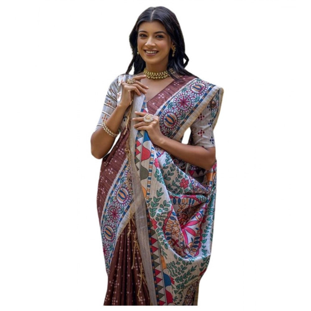 Women's Faux_Tussar Geometric_Print Saree With Unstitched Blouse 5.5Mtr (Coffee)