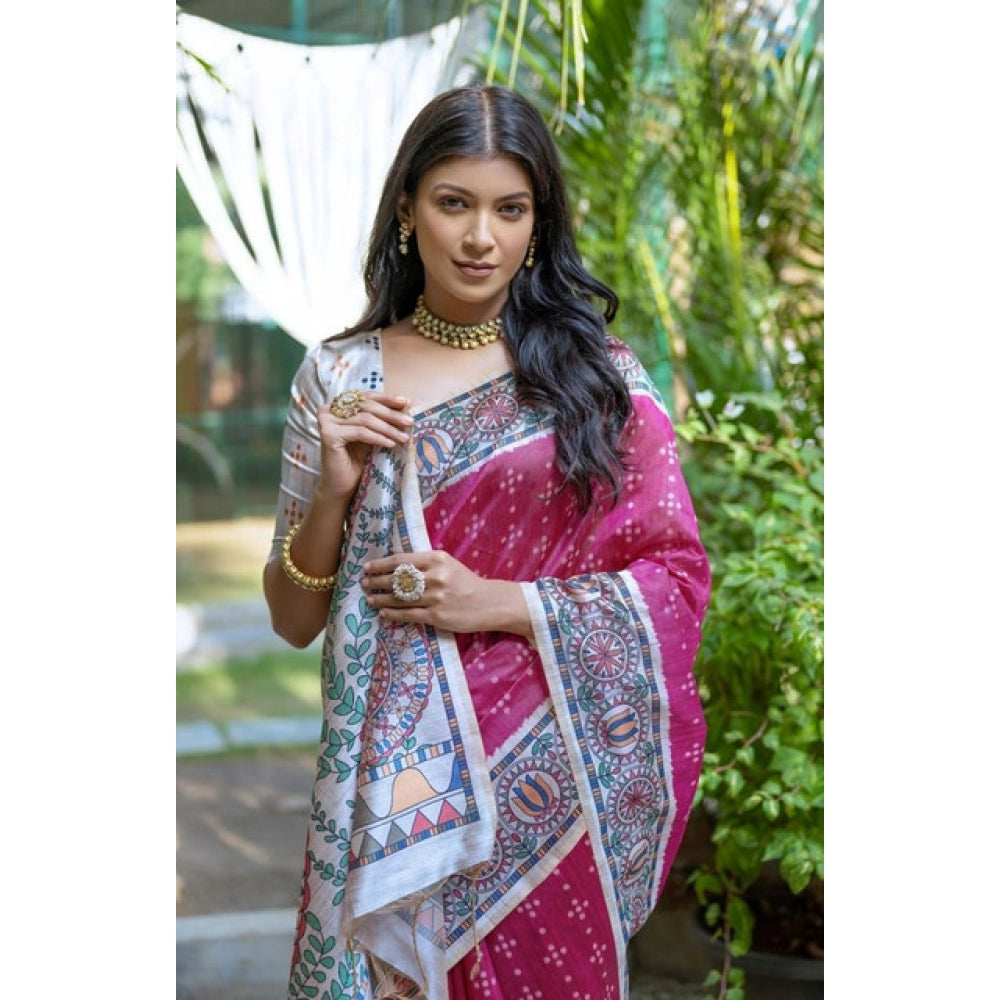 Women's Faux_Tussar Geometric_Print Saree With Unstitched Blouse 5.5Mtr (Pink)