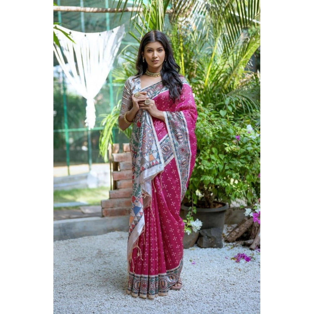 Women's Faux_Tussar Geometric_Print Saree With Unstitched Blouse 5.5Mtr (Pink)
