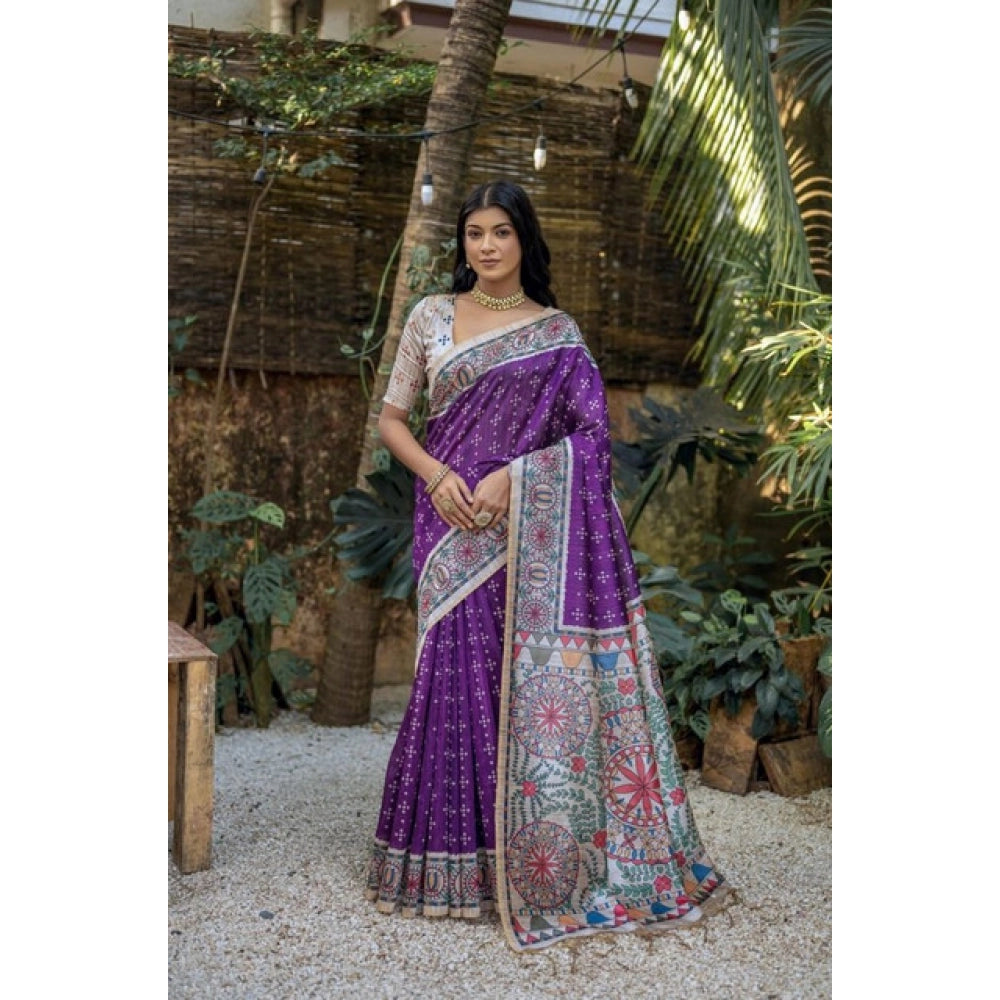 Women's Faux_Tussar Geometric_Print Saree With Unstitched Blouse 5.5Mtr (Purple)