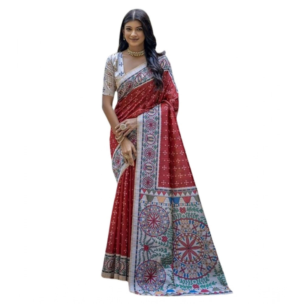 Women's Faux_Tussar Geometric_Print Saree With Unstitched Blouse 5.5Mtr (Red)