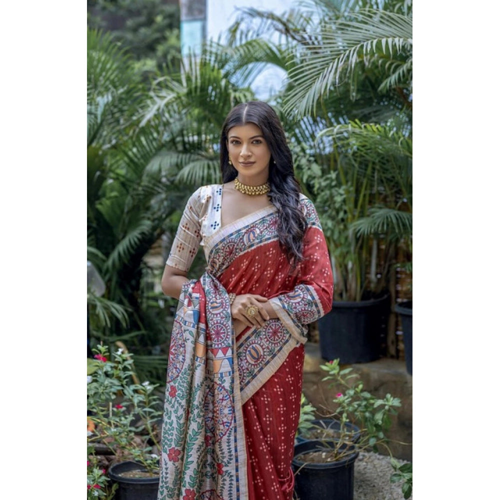 Women's Faux_Tussar Geometric_Print Saree With Unstitched Blouse 5.5Mtr (Red)